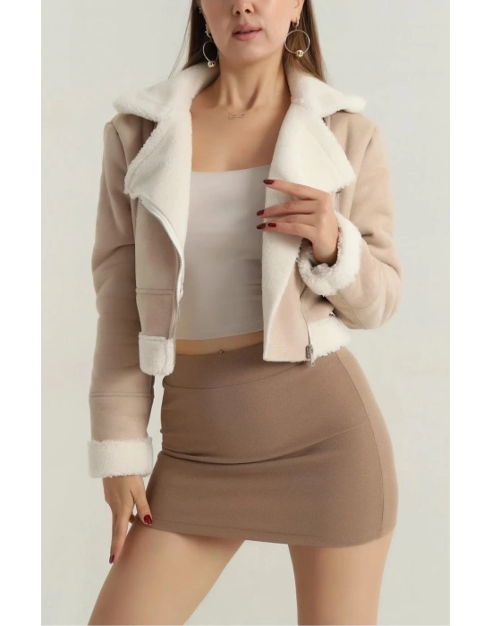 İçi kürklü dışı süet kısa kaban bej t1186