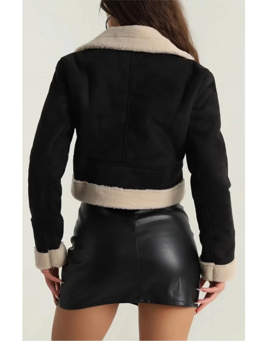 İçi kürklü dışı süet kısa kaban siyah t1186