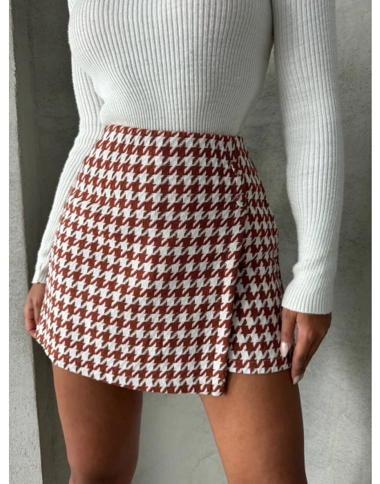 İki düğmeli kaz ayağı desen ch kumaş şort etek bordobeyaz h26414
