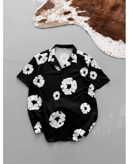 İki İplik Kumaş Baskılı Gömlek - Siyah