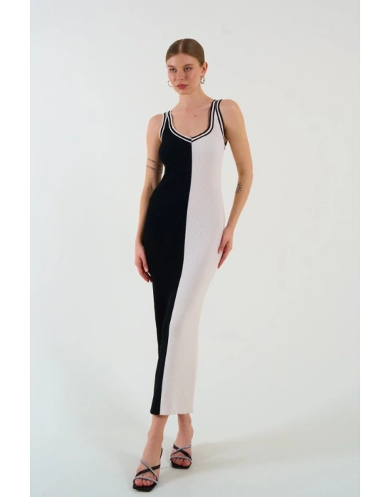 İki Renki Kolsuz Elbise - Siyah-Krem