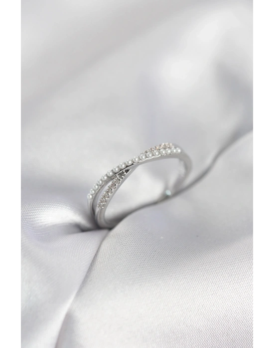 İncili ve Zirkon Taşlı Gümüş Renk Kadın Yüzük