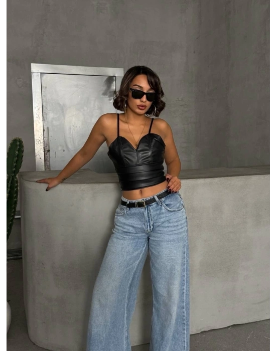 İp askılı yandan fermuarlı rastale deri crop siyah s24113