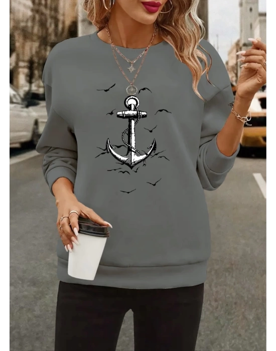 Kadın Uzun Kollu Bisiklet Yaka Desenli Viskon Iki Iplik Bluz