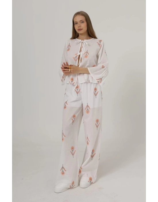İşlemeli Oversize Pantolon - Beyaz