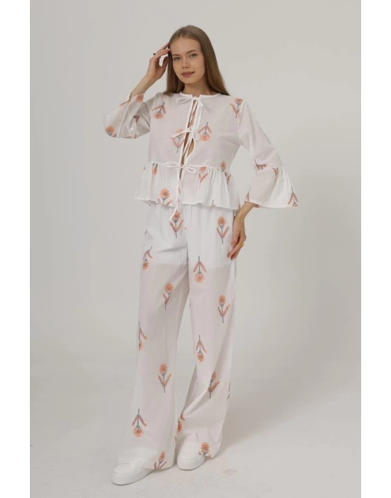 İşlemeli Oversize Pantolon - Beyaz