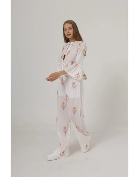 İşlemeli Oversize Pantolon - Beyaz