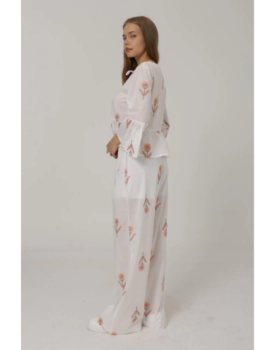 İşlemeli Oversize Pantolon - Beyaz