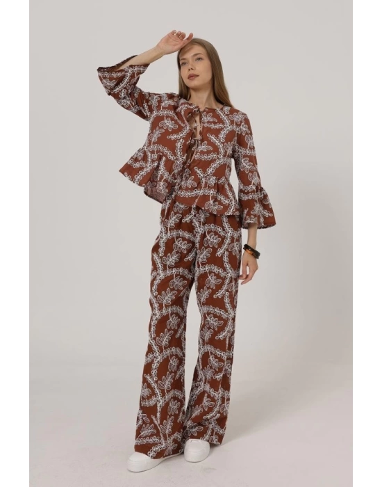 İşlemeli Oversize Pantolon - Kahve