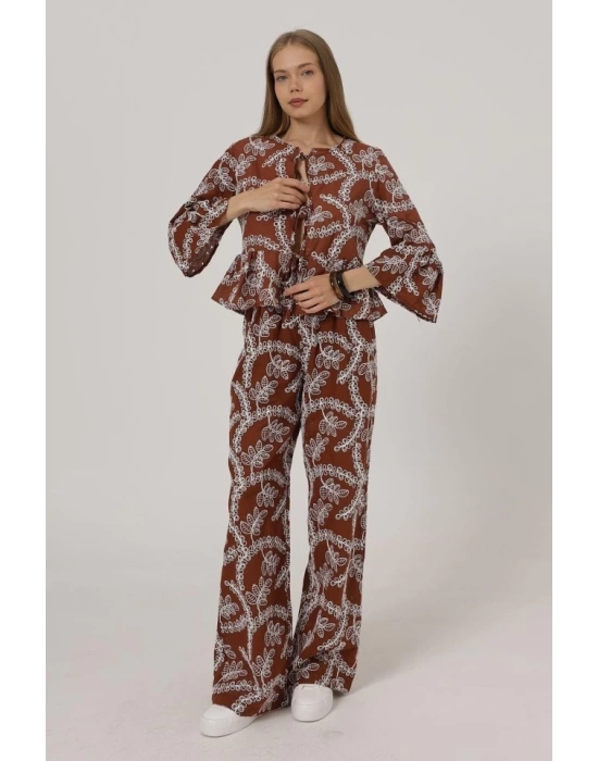 İşlemeli Oversize Pantolon - Kahve