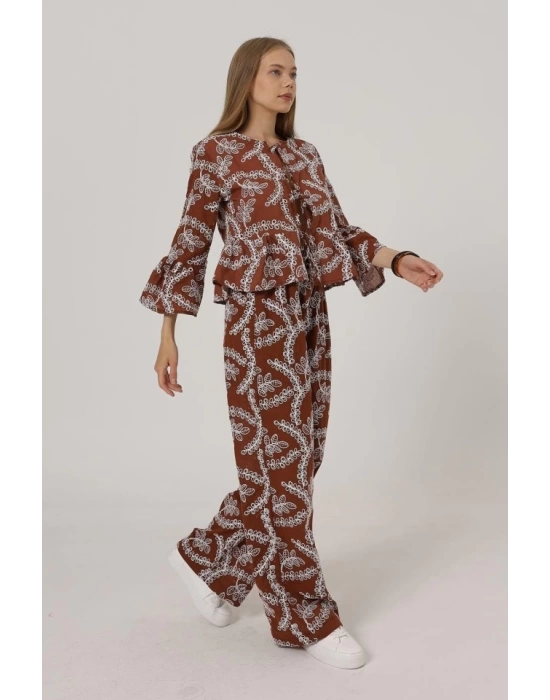 İşlemeli Oversize Pantolon - Kahve