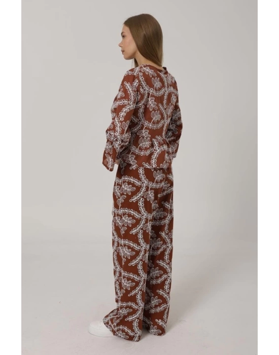 İşlemeli Oversize Pantolon - Kahve