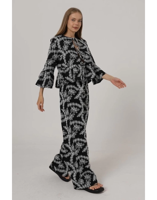 İşlemeli Oversize Pantolon - Siyah