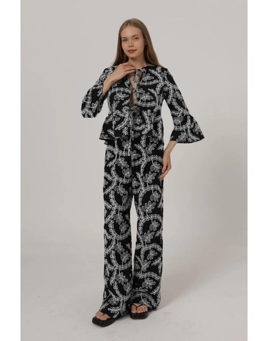 İşlemeli Oversize Pantolon - Siyah