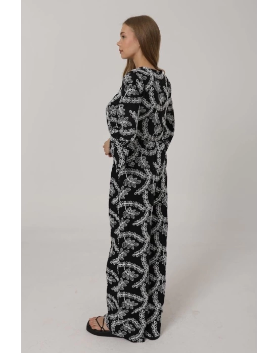 İşlemeli Oversize Pantolon - Siyah