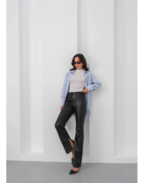 İspanyol yırtmaçlı paça deri pantolon siyah hn