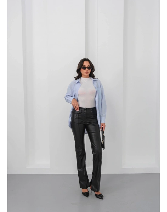 İspanyol yırtmaçlı paça deri pantolon siyah hn