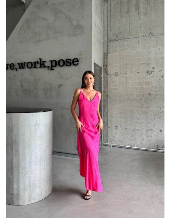 JAKARLI ASKILI SATEN ELBİSE ASİMETRİK - Pembe