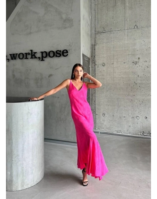 JAKARLI ASKILI SATEN ELBİSE ASİMETRİK - Pembe