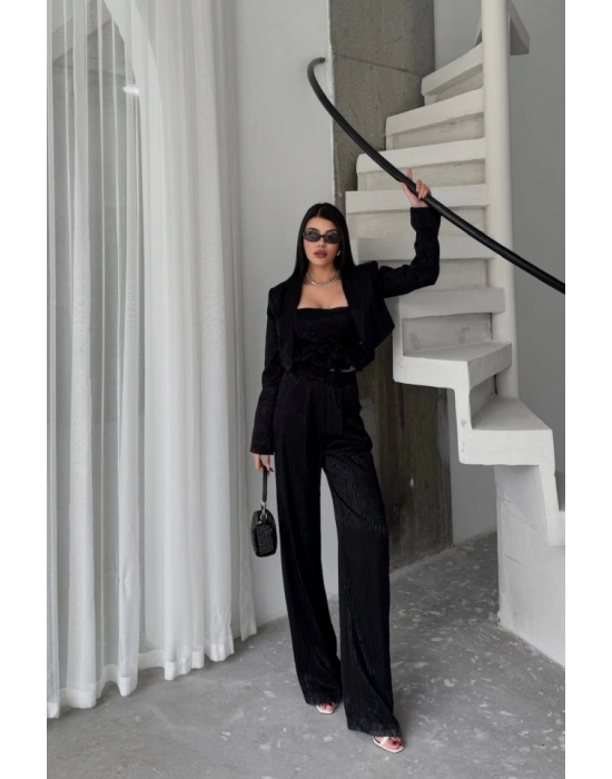 JAKARLI BLUZU TASARIM DETAYLI CEKET-PANTOLON-BLUZ 3 LÜ TAKIM - Siyah