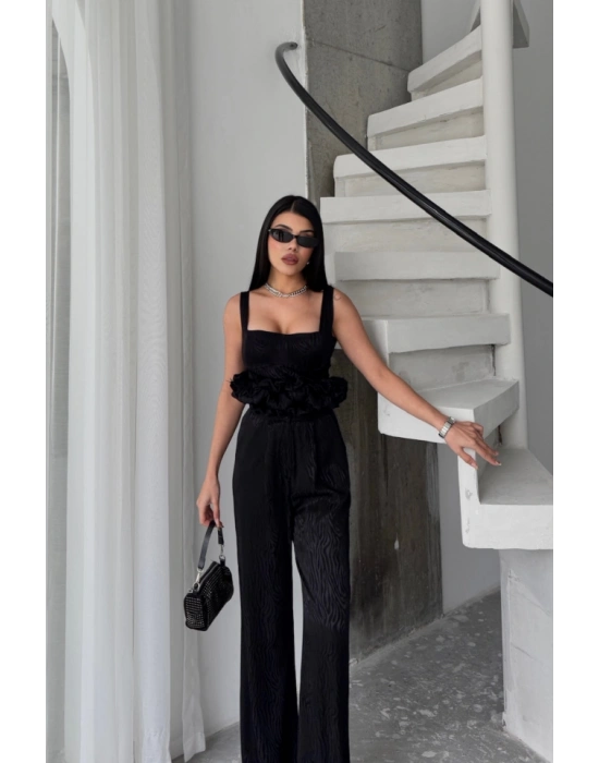 JAKARLI BLUZU TASARIM DETAYLI CEKET-PANTOLON-BLUZ 3 LÜ TAKIM - Siyah