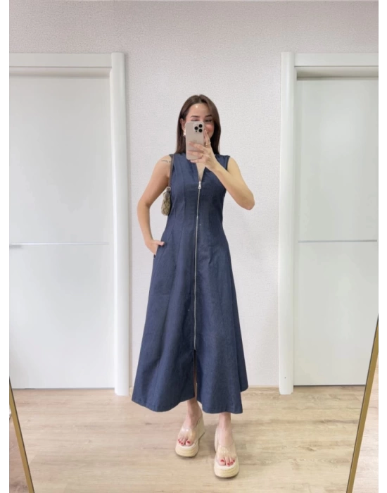 Jeans Kot Önü Tam Fermuarlı Uzun Elbise - Mavi
