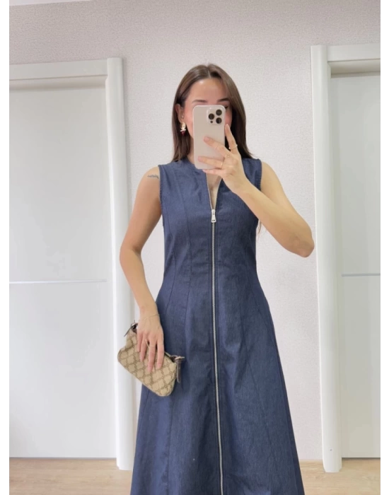 Jeans Kot Önü Tam Fermuarlı Uzun Elbise - Mavi
