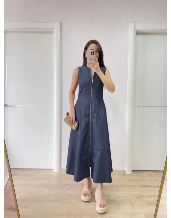 Jeans Kot Önü Tam Fermuarlı Uzun Elbise - Mavi