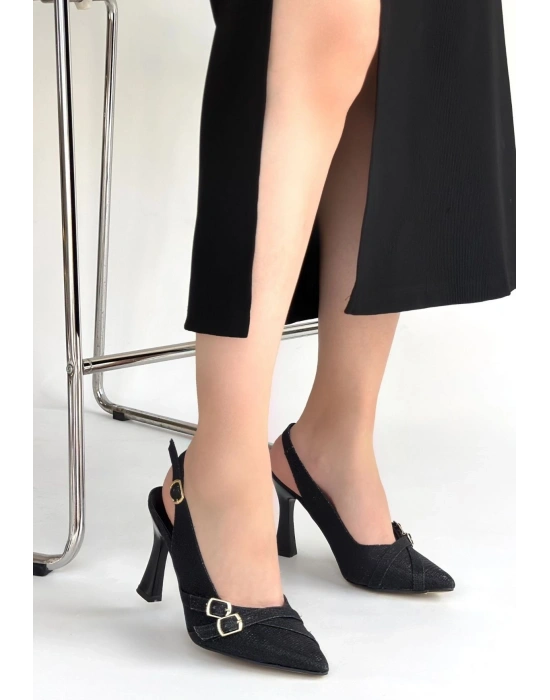 Jedda Siyah Simli Cilt Topuklu Ayakkabı