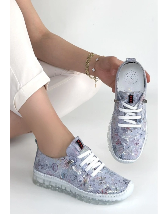 Jiten Lila Desenli Deri Bağcıklı Spor Ayakkabı