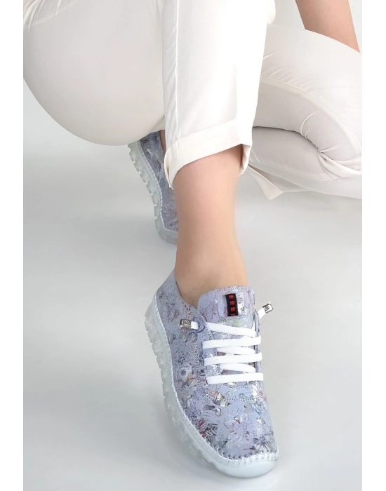 Jiten Lila Desenli Deri Bağcıklı Spor Ayakkabı