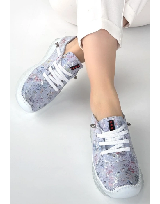 Jiten Lila Desenli Deri Bağcıklı Spor Ayakkabı