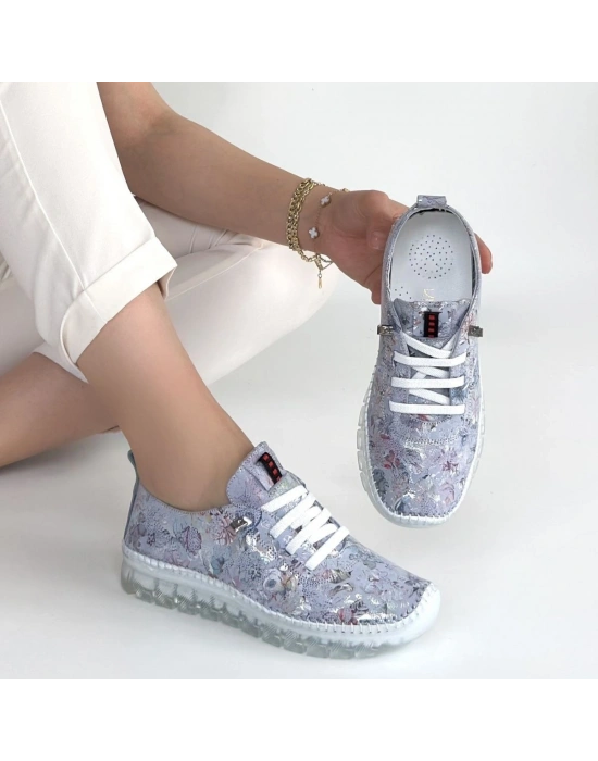 Jiten Lila Desenli Deri Bağcıklı Spor Ayakkabı