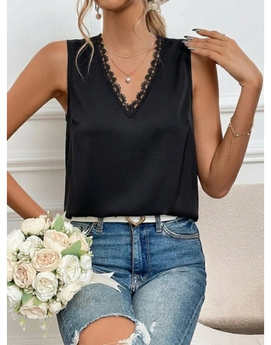 Kadı Askılı V Dantel Yakalı Sırttan Bağcıklı Sandy Bluz