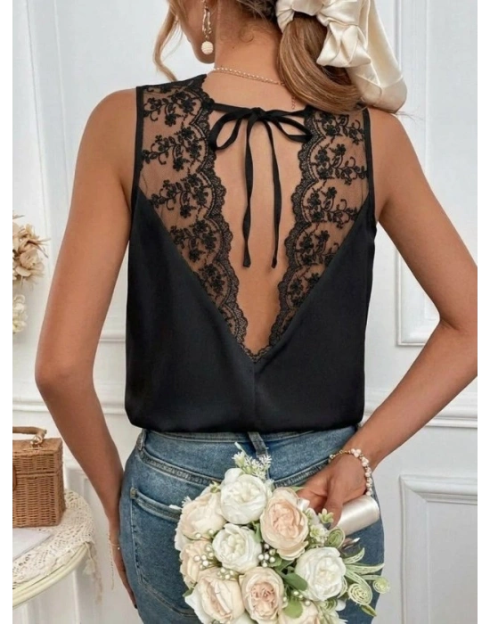 Kadı Askılı V Dantel Yakalı Sırttan Bağcıklı Sandy Bluz