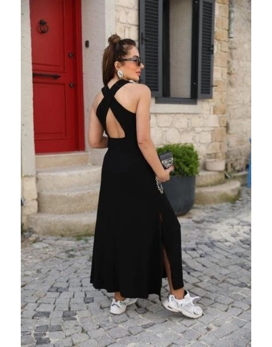 Kadın Arkadan çapraz Detay Yuvarlak Yaka Maksi Viskon Elbise