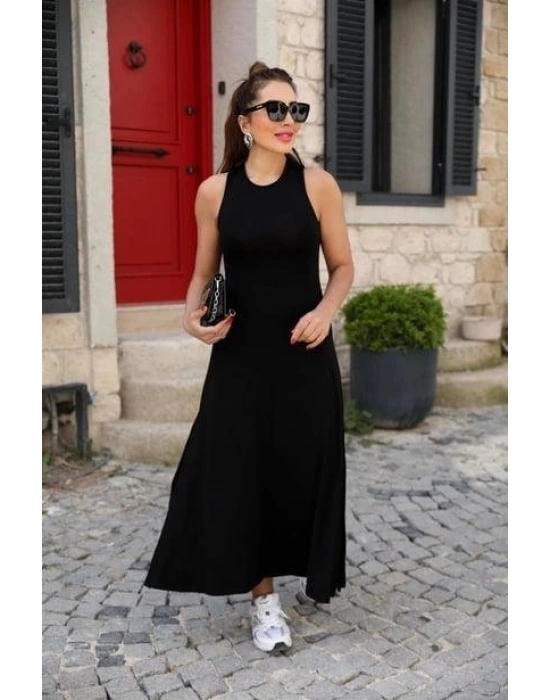 Kadın Arkadan çapraz Detay Yuvarlak Yaka Maksi Viskon Elbise