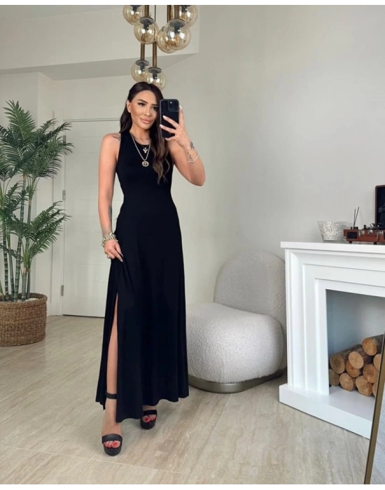 Kadın Arkadan çapraz Detay Yuvarlak Yaka Maksi Viskon Elbise