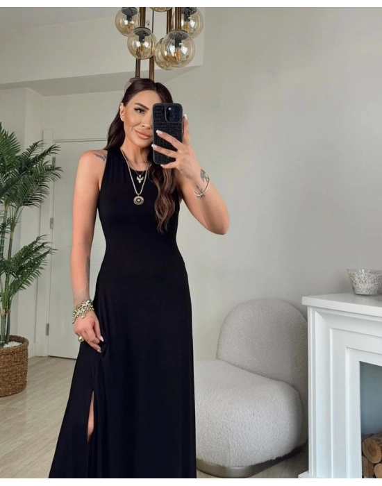 Kadın Arkadan çapraz Detay Yuvarlak Yaka Maksi Viskon Elbise