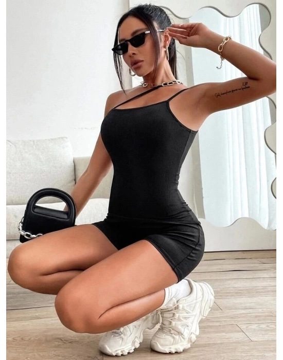 Kadın Asimetrik Askılı Mini Kaşkorse Bodycon Tulum