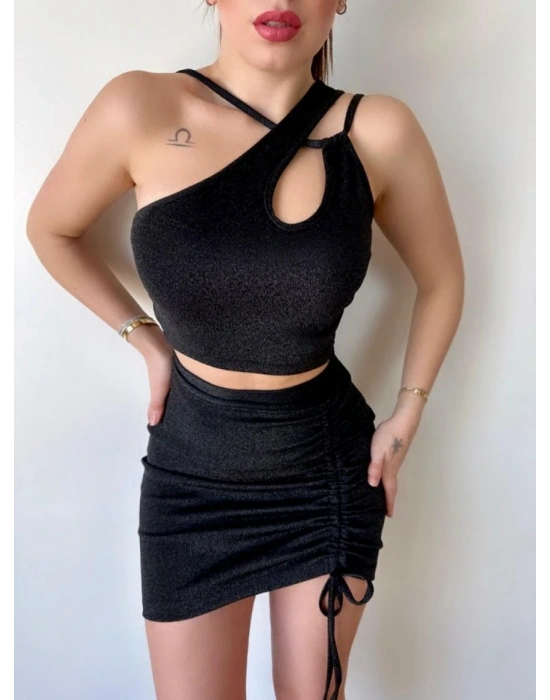 Kadın Asimetrik Yaka Detay Crop Ve Yüksek Bel Mini Etek Ikili Takim