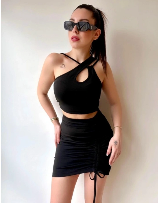 Kadın Asimetrik Yaka Detay Crop Ve Yüksek Bel Mini Etek Ikili Takim