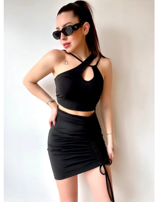 Kadın Asimetrik Yaka Detay Crop Ve Yüksek Bel Mini Etek Ikili Takim