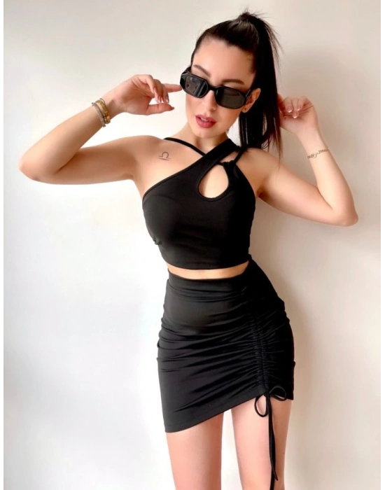 Kadın Asimetrik Yaka Detay Crop Ve Yüksek Bel Mini Etek Ikili Takim