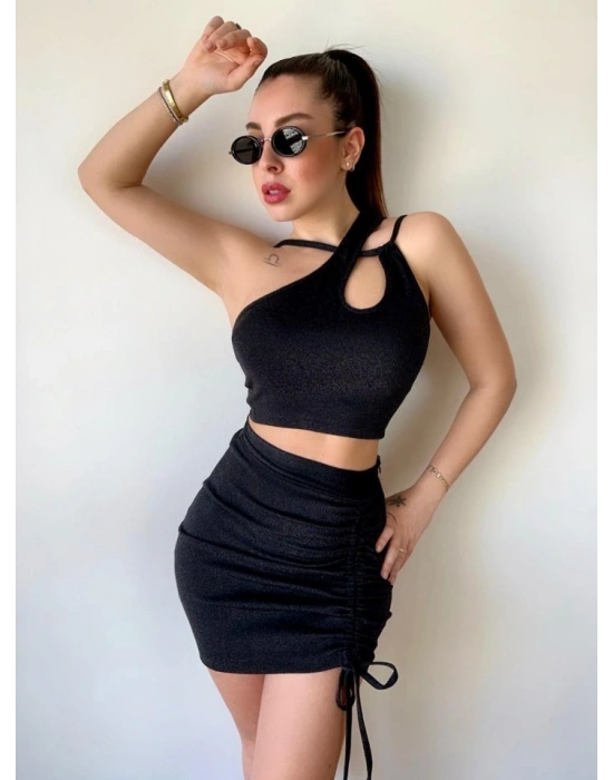 Kadın Asimetrik Yaka Detay Crop Ve Yüksek Bel Mini Etek Ikili Takim