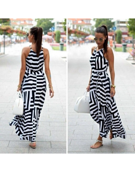 Kadın Askılı Belden Bağlamalı Geometrik Desen Krep Elbise