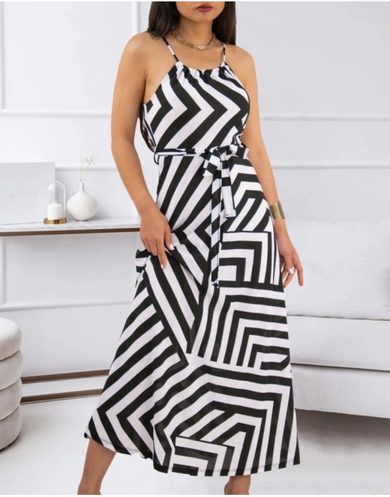 Kadın Askılı Belden Bağlamalı Geometrik Desen Krep Elbise