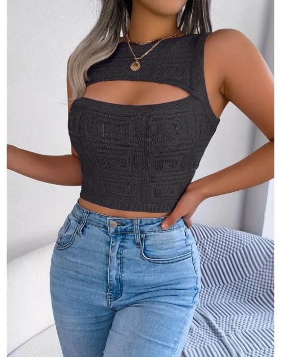 Kadın Askılı Bisiklet Yaka Güpüs Dekolteli Triko Crop Bluz