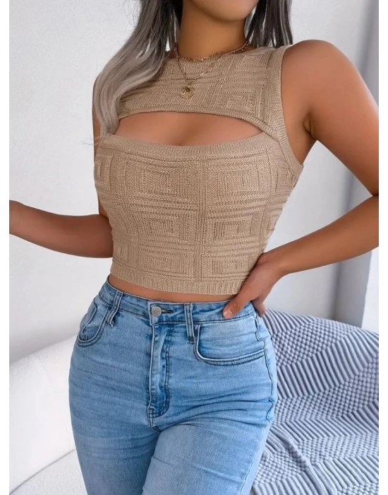 Kadın Askılı Bisiklet Yaka Güpüs Dekolteli Triko Crop Bluz