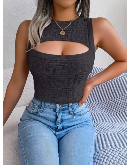 Kadın Askılı Bisiklet Yaka Güpüs Dekolteli Triko Crop Bluz
